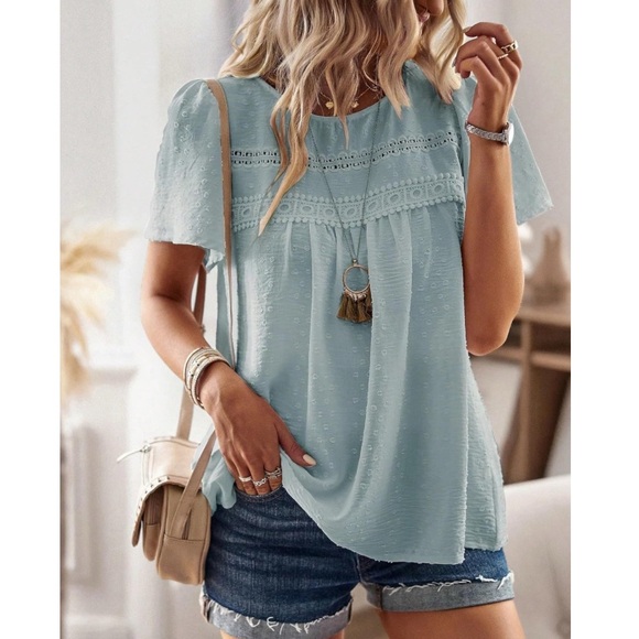 Trendy Chic Powder Blue Flowy Casual Short Sleeve Summer Top 2XL - Picture 14 of 14